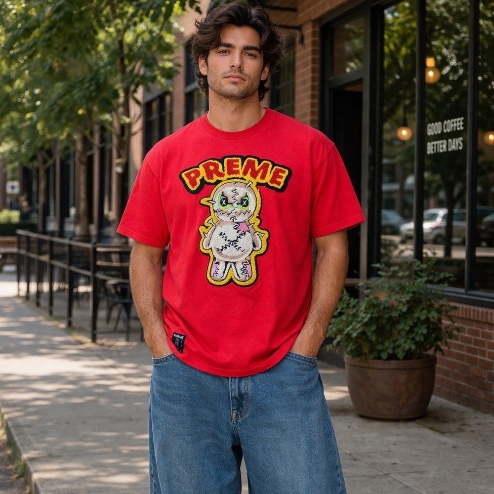 Preme Mens Red Voodoo Doll Chenille Patch Graphic T-Shirt Size Medium Streetwear